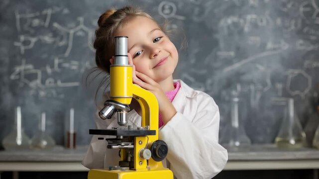 Curious kid girl enjoying science experiments with a microscope in a playful classroom setting during the day
