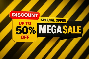 Obraz premium Mega sale banner with up to 50% off discount on yellow and black striped background