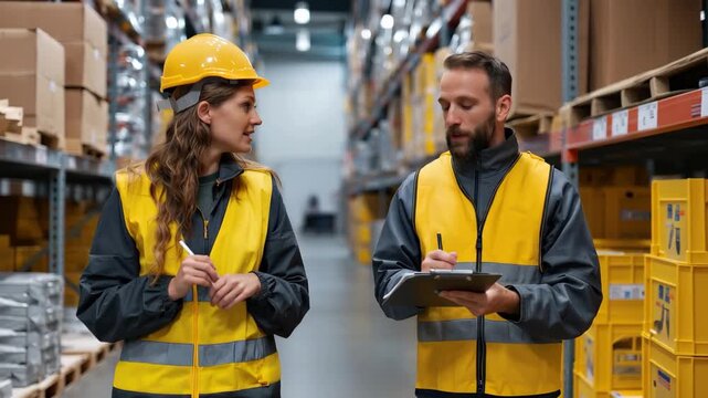 Female warehouse manager conducts discussion with logistics employee about inventory management processes in a busy warehouse during daytime operational hours