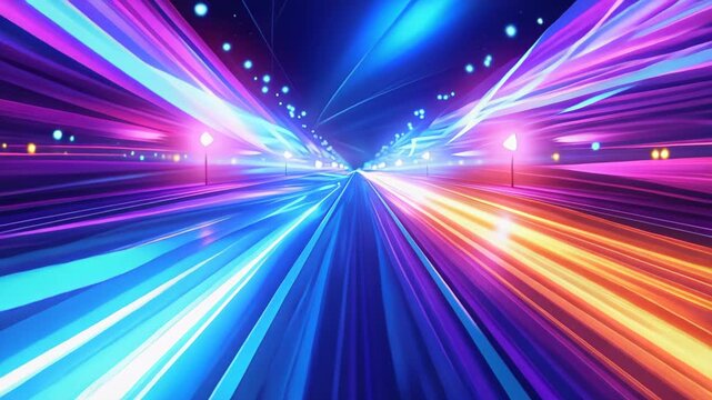 Neon Highway Speed: Abstract digital artwork, a vibrant highway ablaze with neon streaks of light. The image captures a sense of speed and dynamism, the colorful trails conveying rapid motion. 