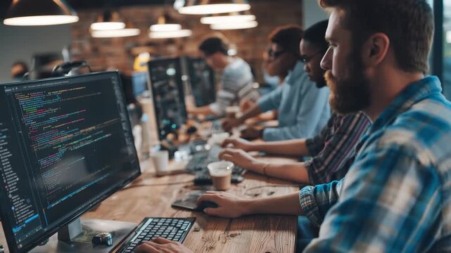 Developing programmer team collaborates on website project in modern workspace during daytime hours