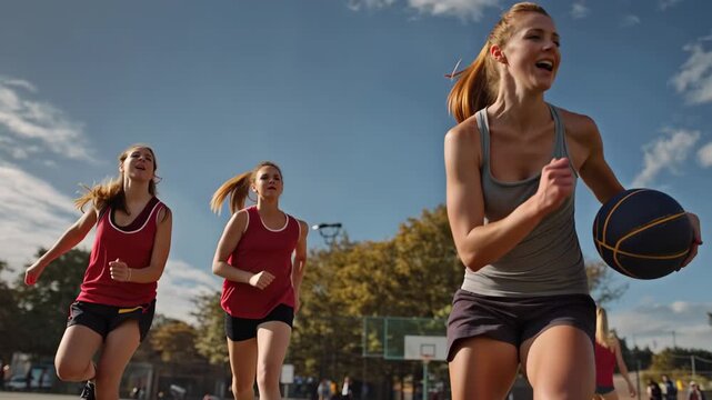 Women engaged in fitness sports during an outdoor netball match on a sunny day at a local court with bright blue skies and a lively atmosphere