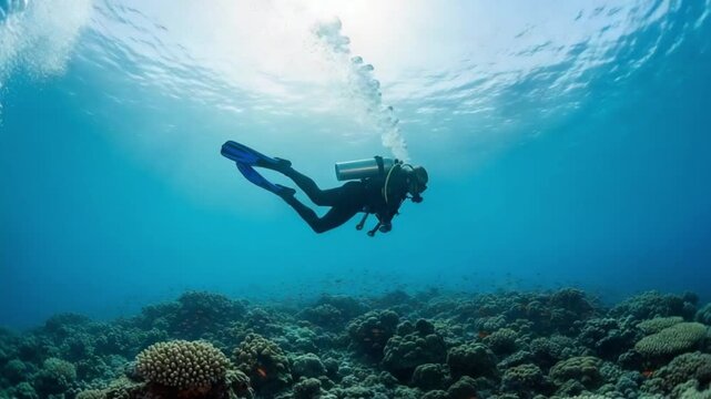 A scuba diver swimming over a coral reef in the ocean