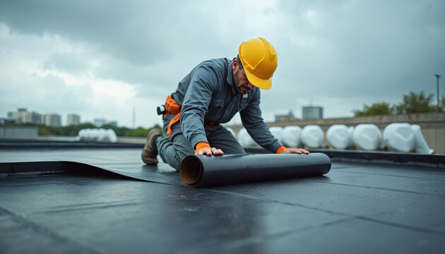 Worker installs waterproof membrane on flat rooftop. Man in hard hat and safety vest rolls out black material. Construction site, cloudy sky, urban buildings in background.