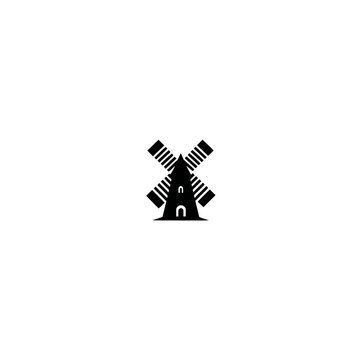 A symmetrical black windmill logo. It has four blades and a simple building structure