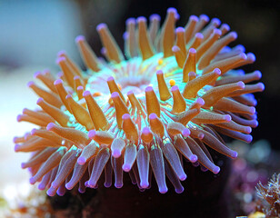 Vibrant macro shot of a glowing sea anemone featuring neon green centers and purpletipped orange tentacles. Ideal for marine biology, aquarium decor, and naturethemed graphic design.