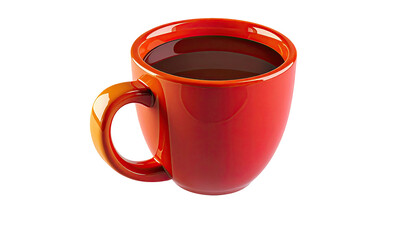 A red ceramic mug filled with dark liquid, set against black