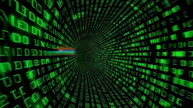 Experience a realistic journey through a glowing green binary tunnel that immerses viewers in a digital landscape filled with numbers and data streams