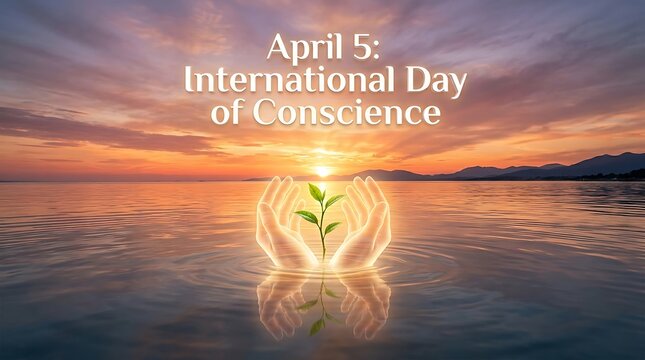 A serene landscape of a body of water at sunset with a glowing hand holding a plant symbolizing growth and conscience.