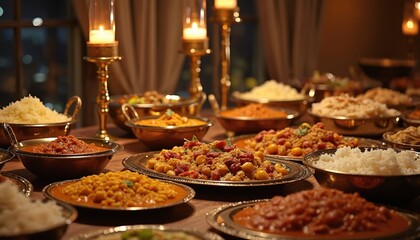 Fototapeta premium Lavish indian meal setup with various curries rice, naan bread served in ornate bowls, plates. Warm candlelight illuminates table creating festive celebratory atmosphere for rich dining experience.