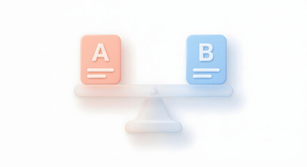 ab testing concept with choice a and b on 3d balance scale for marketing strategy comparison and split test analysis over white background