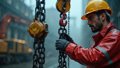 Worker in hard hat checks chain hoist mechanism during rain. Man in safety gear inspects heavy lifting equipment. Industrial worker handles metal chain on construction site.