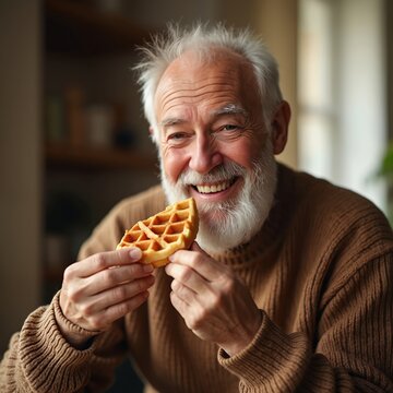 Elderly man with white beard eats waffle at home. He smiles happily, enjoying a sweet baked treat. Casual lifestyle scene at domestic table.