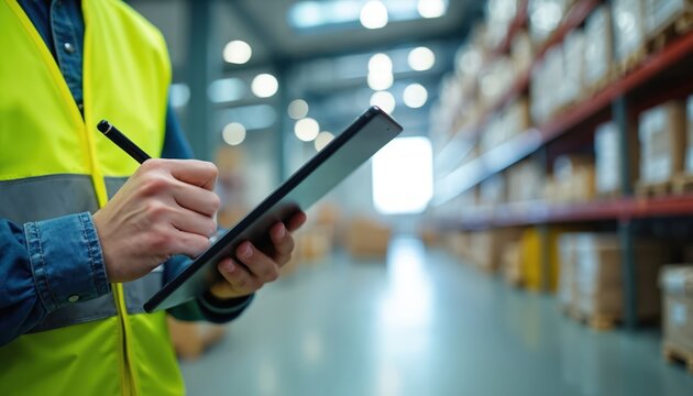 Warehouse worker wearing high visibility vest uses tablet. Employee checks inventory stock and records data digitally in modern logistic facility. Safety pro manages operations on smart device.