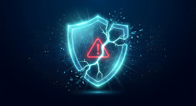 cyber security breach concept showing a broken glowing digital shield with a red warning alert icon representing data vulnerability hacking attack system failure and risk