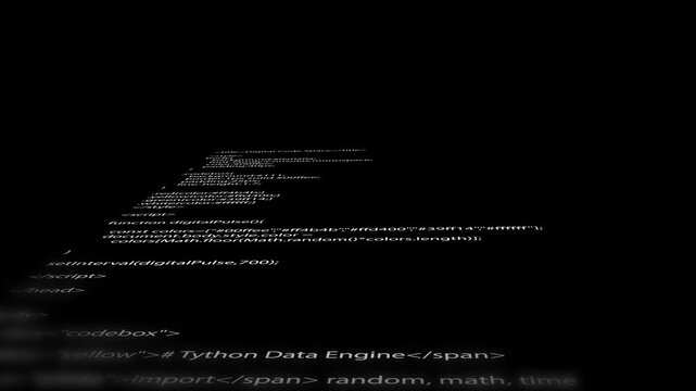 White Programming Code Script Scrolling From Bottom To Top On Black Background With Camera Perspective View. Random Coding Lines Typing Or Terminal Style Effect .  Software Development and Technology 