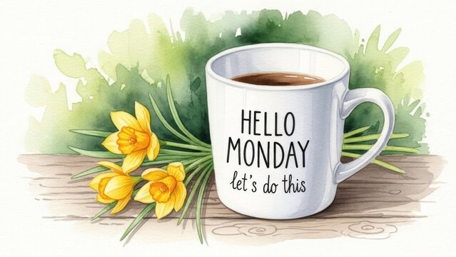 Coffee mug with hello monday message and yellow flowers