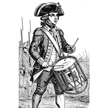 Drummer Boy in Colonial Uniform Standing.