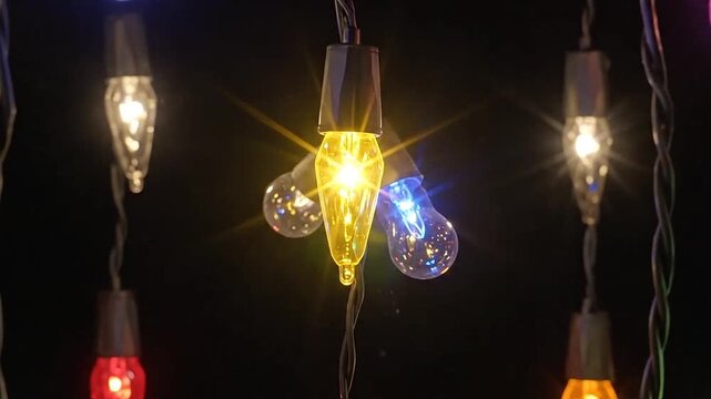 Colorful festive string lights illuminate a dark background with a sparkling