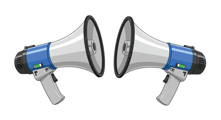 Two identical blue and grey megaphones are symmetrically mirrored, facing each other on a clean white background.