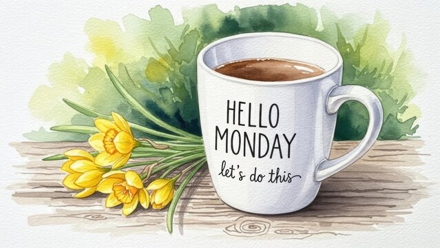 Watercolor coffee mug with hello monday message and flowers