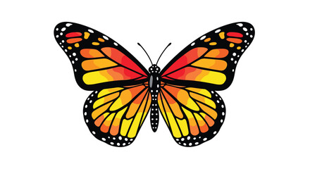 A single monarch butterfly with detailed orange, yellow, and black wings is illustrated centrally against a plain white backdrop.