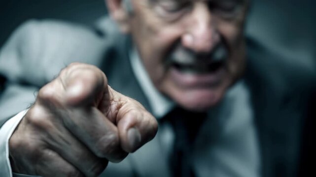 Businessman expresses authority by pointing finger towards camera in a serious manner during a formal setting