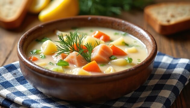 Creamy fish soup with salmon chunks, potato, carrot, dill garnish in rustic bowl. Hearty seafood chowder with bread slice on checkered cloth, served on wooden table.