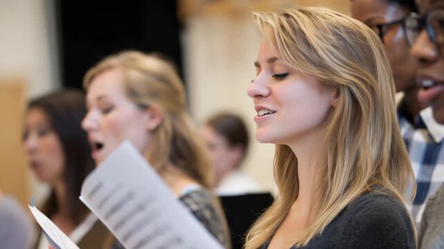 Adult students participate in vocal class practice at a community center, focusing on singing techniques and group harmony during an evening session