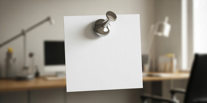 blank white square sticky note pinned with metallic thumbtack on blurred office background, office supplies, memo paper, message board, reminder, stationary, realistic mockup, workplace desk, note.