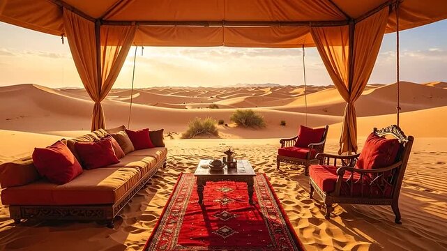 Desert camp with comfortable seating and traditional rug