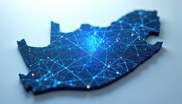 South Africa map with glowing blue digital network lines connecting points. Futuristic illustration for tech, data, and global connection concepts.