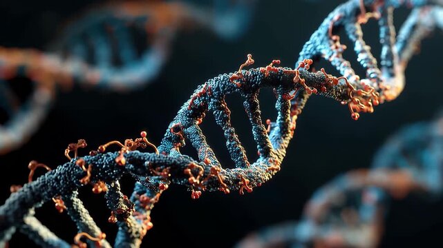 Double helix structure featuring nucleotides captured in intricate detail, showcasing the fundamental building blocks of genetic material