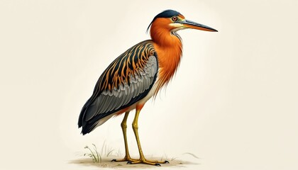 Fototapeta premium Rufous Tiger Heron bird stands alert. This wild avian species displays orange neck and striped grey wings. Detailed portrait shows long beak and yellow legs against plain background.