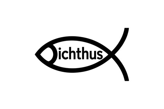 A black and white Ichthus fish symbol containing the word 'Ichthus' within its body.
