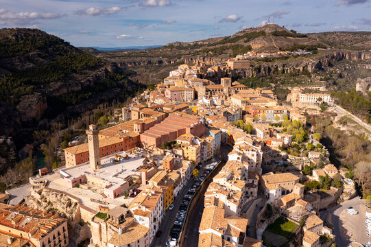 View from drone of old hanging houses of Cuenca city, capital of Cuenca province in east-central Spain