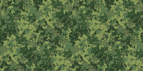 Abstract digital camouflage pattern.  Versatile textured background ideal for military, tactical, gaming, or fashion designs.  Subtle yet striking, this pixelated design offers a blend of green hues. © Olena