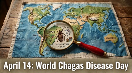 A magnifying glass lies on a world map highlighting Brazil and a triatomine bug for World Chagas Disease Day