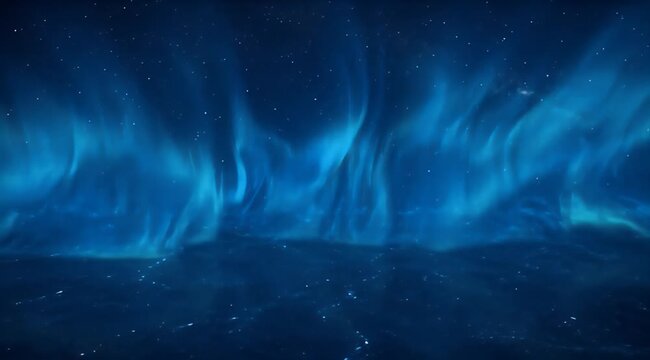 Ethereal blue aurora glows over a dark, starlit ocean