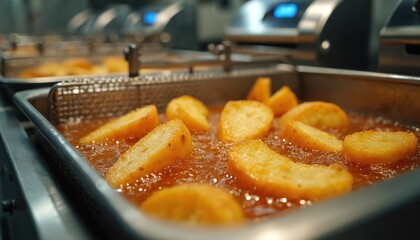 Obraz premium Potato wedges fry in bubbling hot oil in commercial kitchen. Golden brown wedges cook in deep fryer basket. Preparing tasty crispy fast food meal.