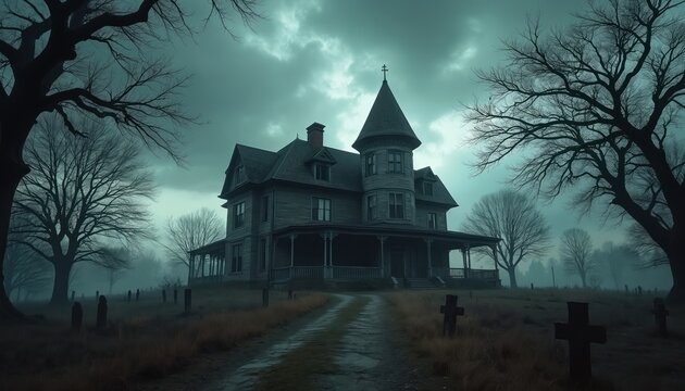 Old creepy mansion with graveyard and bare trees under dark sky. Spooky abandoned house looks very eerie. Horror setting at night, misty atmosphere. Gothic architecture.