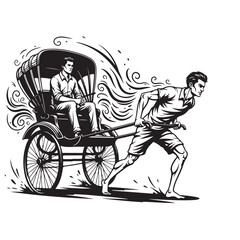 Athletic rickshaw puller transporting passenger in traditional cart through city street way