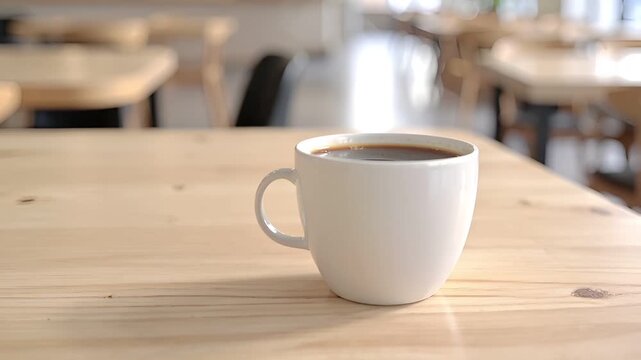 カフェテーブルの白いコーヒーカップハンドル 接写と自然光ミニマル背景