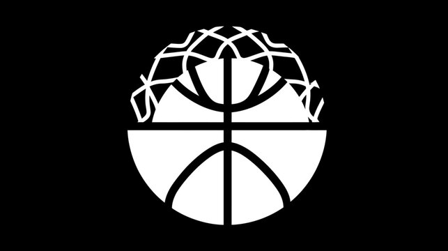 A monochrome graphic depicts half a basketball with a stylized net and central post on a black background