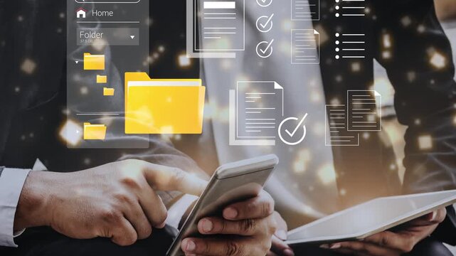 Business professional using smartphone and tablet for document management with digital interface, folders, checklists, and productivity icons in background Gluon.
