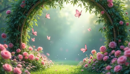 Naklejka premium Pink roses climb bamboo archway with lush green leaves. Gentle butterflies flutter in soft sunny garden. Peaceful nature scene offers romantic dreamy atmosphere.