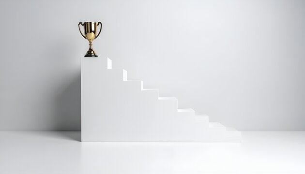 Award cup on the highest step of a minimal staircase representing ambition, growth, and the journey toward success.
