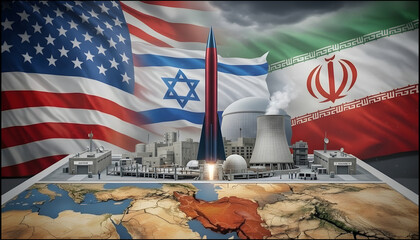 Dramatic scene of nuclear power plant set against the backdrop of the American, Israeli, and Iranian flags. This powerful image conveys a sense of international tension and global politics,