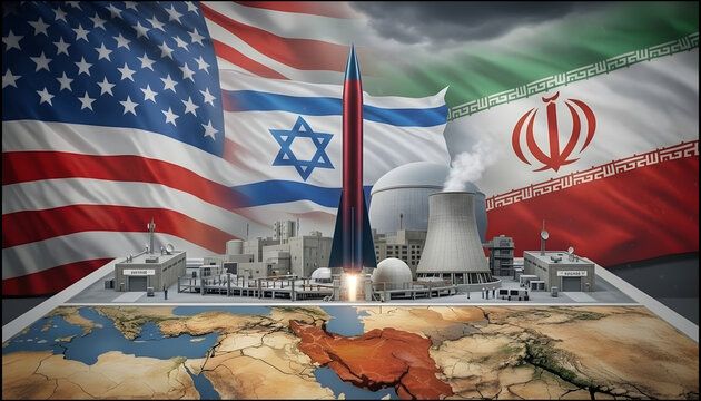 Dramatic scene of nuclear power plant set against the backdrop of the American, Israeli, and Iranian flags. This powerful image conveys a sense of international tension and global politics,