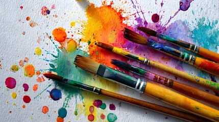 Obraz premium Vibrant Watercolor Splatter and Paintbrushes on White Canvas.